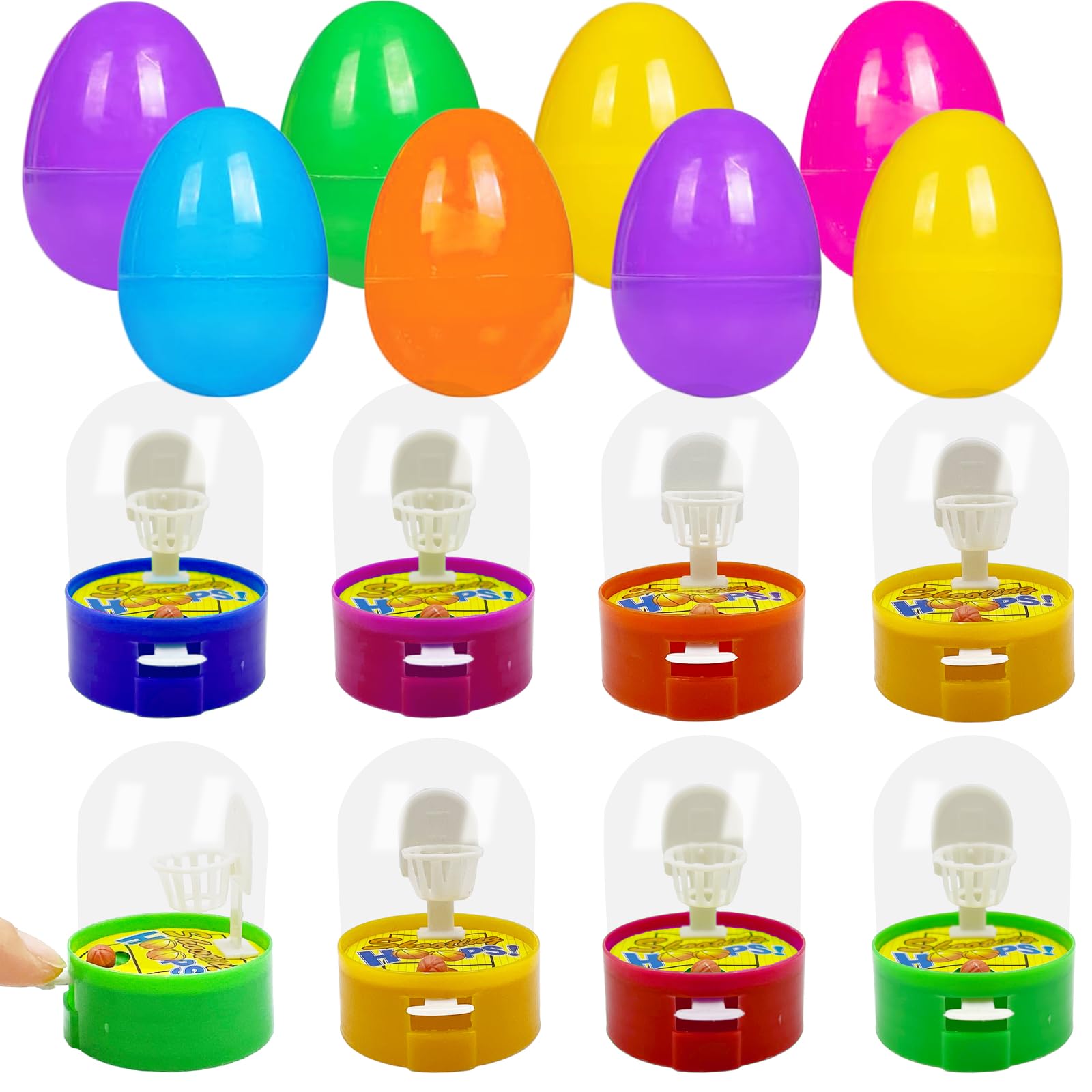 BANERLE 8 Pack Prefilled Easter Eggs with Mini Finger Basketball Toys, Handheld Basketball Shooting Games Desktop Game, Easter Basket Stuffers, Egg Hunt Party Favors, Easter Egg Fillers for Kids