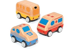 Wanborns 3pcs Wooden Toys Cars, Ambulance, Police Car and School Bus Educational Toy, Early Learning for Toddlers, Colorful Vehicles Play Set for 2 3 Year Old Boys Girls Christmas Birthday Gift