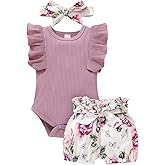 Tiny Cutey Baby Girl Clothes Infant Summer Outfits Set Ruffle Sleeve Romper and Floral Shorts with Headband