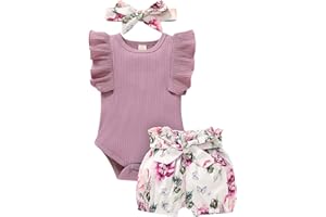 Tiny Cutey Baby Girl Clothes Infant Summer Outfits Set Ruffle Sleeve Romper and Floral Shorts with Headband