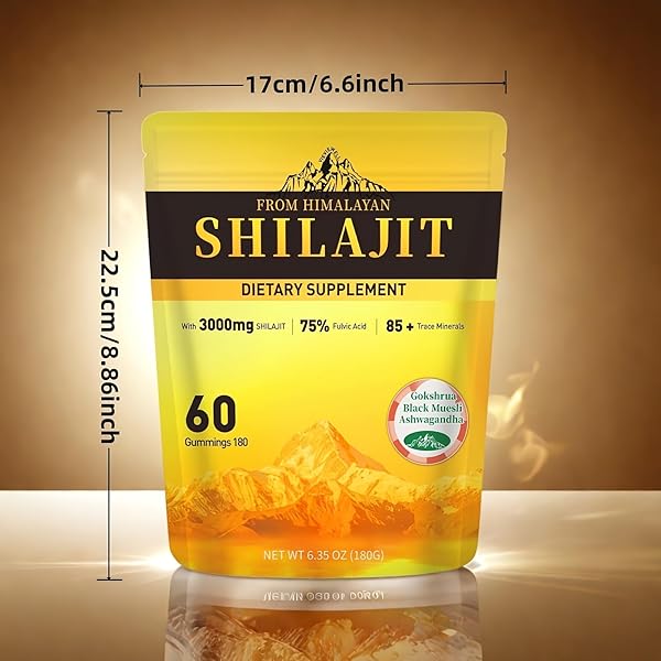 PURE HIMALAYAN SHILAJIT GUMMIES 3000MG WITH 85+ TRACE MINERALS & FULVIC ACID, 100% NATURAL&ORGANIC, NO ADDED SUGAR, LAB TESTED, GOLD GRADE SHILAJIT GUMMIES FOR MEN & WOMEN, INDIVIDUALLY PACKAGED