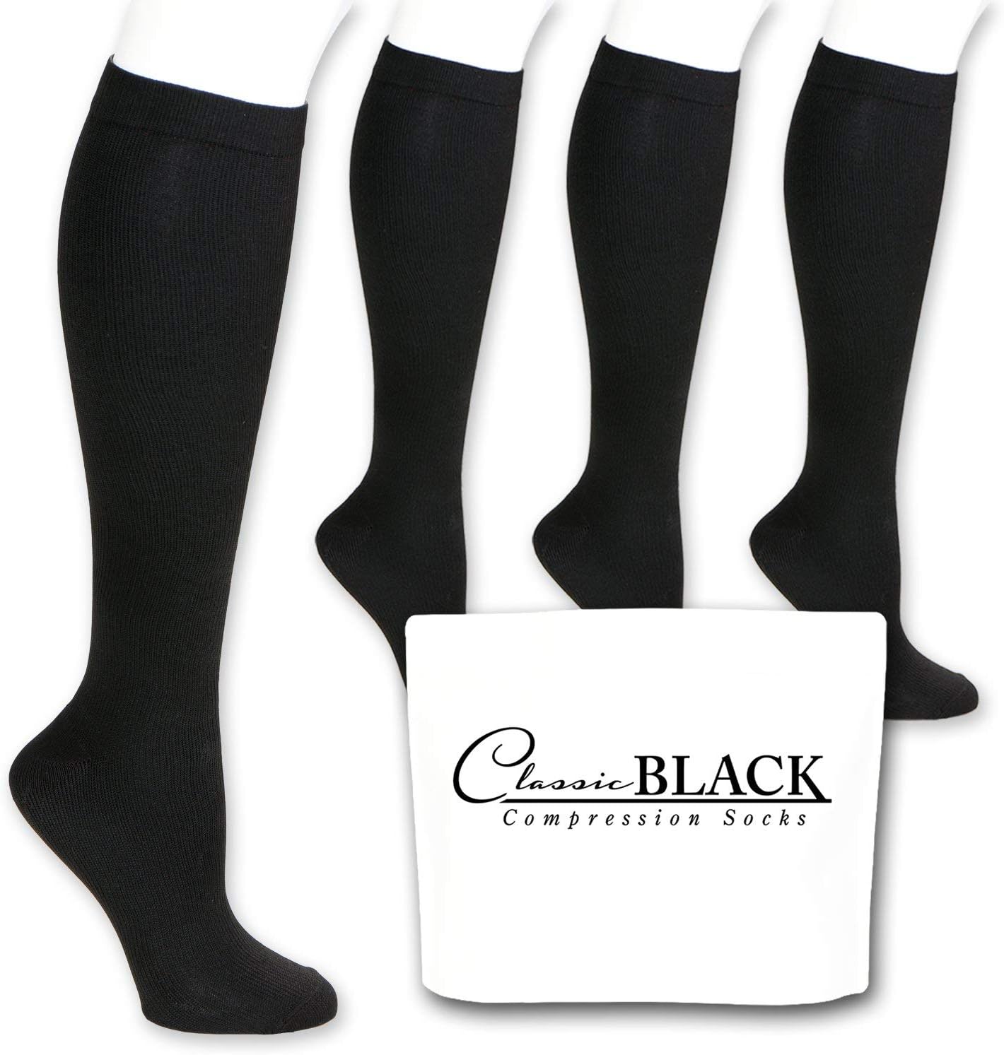 Classic Black Knee High Graduated Compression Socks 15-20 mmHg for Women and Men, 4 Pairs of Therapeutic, Occupational, Diabetic, Travel Knee-High Compression Socks