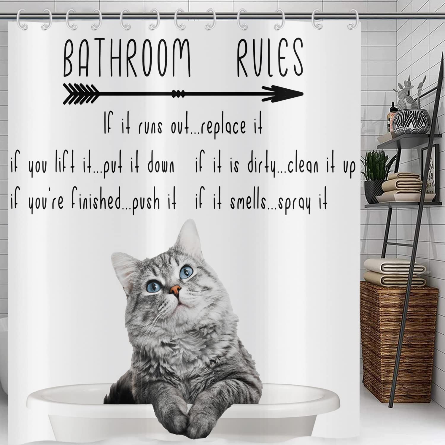 Hnmdmyi Funny Cat Shower Curtain 180x180, Hilarious Cat Kitten Grey Bathroom Curtains Motivational Inspirational Educational Bathroom Rules Kids Waterproof Polyester Fabric Washable Bath Curtains — image 1