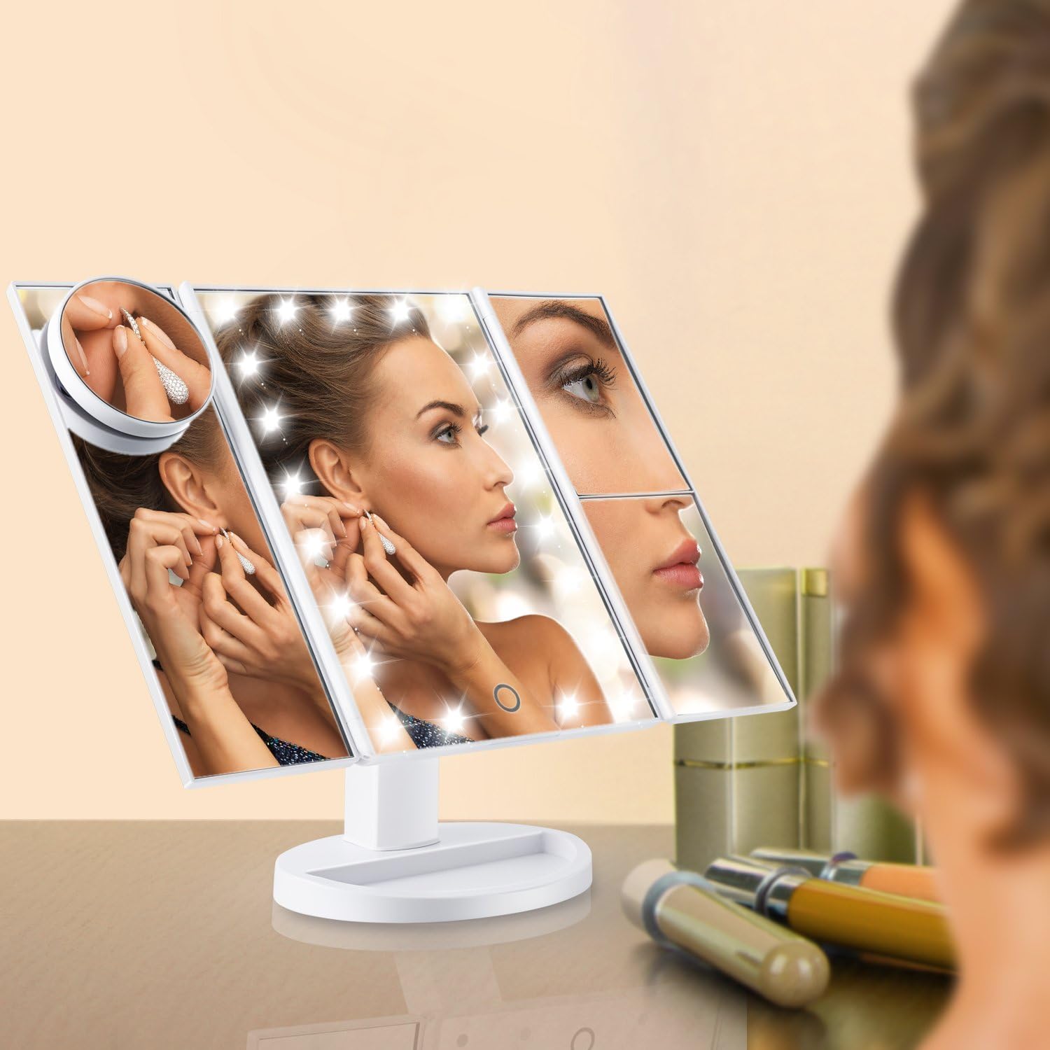 Magicfly Vanity Mirror Lighted Makeup Mirror 10X 3X 2X 1X Magnifying Mirror with 21 LED Lights, Trifold Mirror with Touch Screen, Adjustable Brightness & Stand, Dual Power Supply Mode, White -