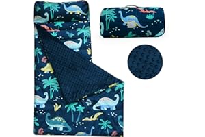 PHF Toddler Nap Mat with Removable Pillow and Minky Fleece Blanket, Rollup Design Warm Slumber Bags for Boys, 52"x20"x2" Kids