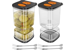 Pickle Jar with Strainer Flip,33.8oz Leakproof Pickle Container With Double Timers & Fork,Olive Hourglass Jar,Juice Separator