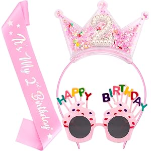 Vovii 2nd Birthday Girl Decorations - Two Sweet Outfit Crown Headband, Glasses and Sash Set for 2 Year Old Girl