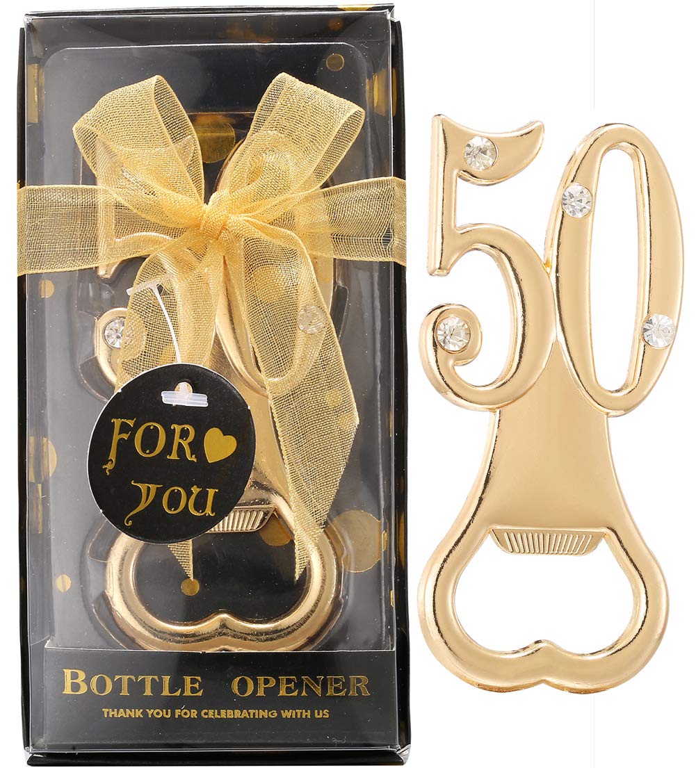 Set of 24 Creative Bottle Openers for 50th Birthday Party Favors or 50th Wedding Anniversary Party Gifts Black and Gold Themed 50 Birthday Party Favors Souvenirs Decorations for Guests (24, Gold 50)
