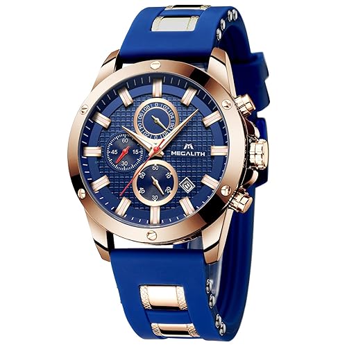 MEGALITH Mens Watches Chronograph Waterproof Watches for Men Analogue Designer Gents Wrist Watches Quartz Luminous Date Blue Rubber
