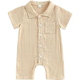 Merqwadd Baby Boy Romper with Collar Summer Button Down Cotton Jumpsuit Newborn One Piece Outfit