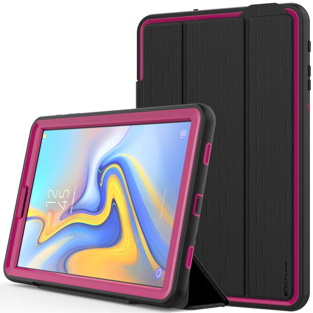 TECHGEAR D-FENCE Case fits Samsung Galaxy Tab A 10.5" (SM-T590 Series) - Slimline Shock Proof Tough Rugged Protective Armour Smart Case + Stand - Kids Schools Builders Workman Case [Black/Rose]