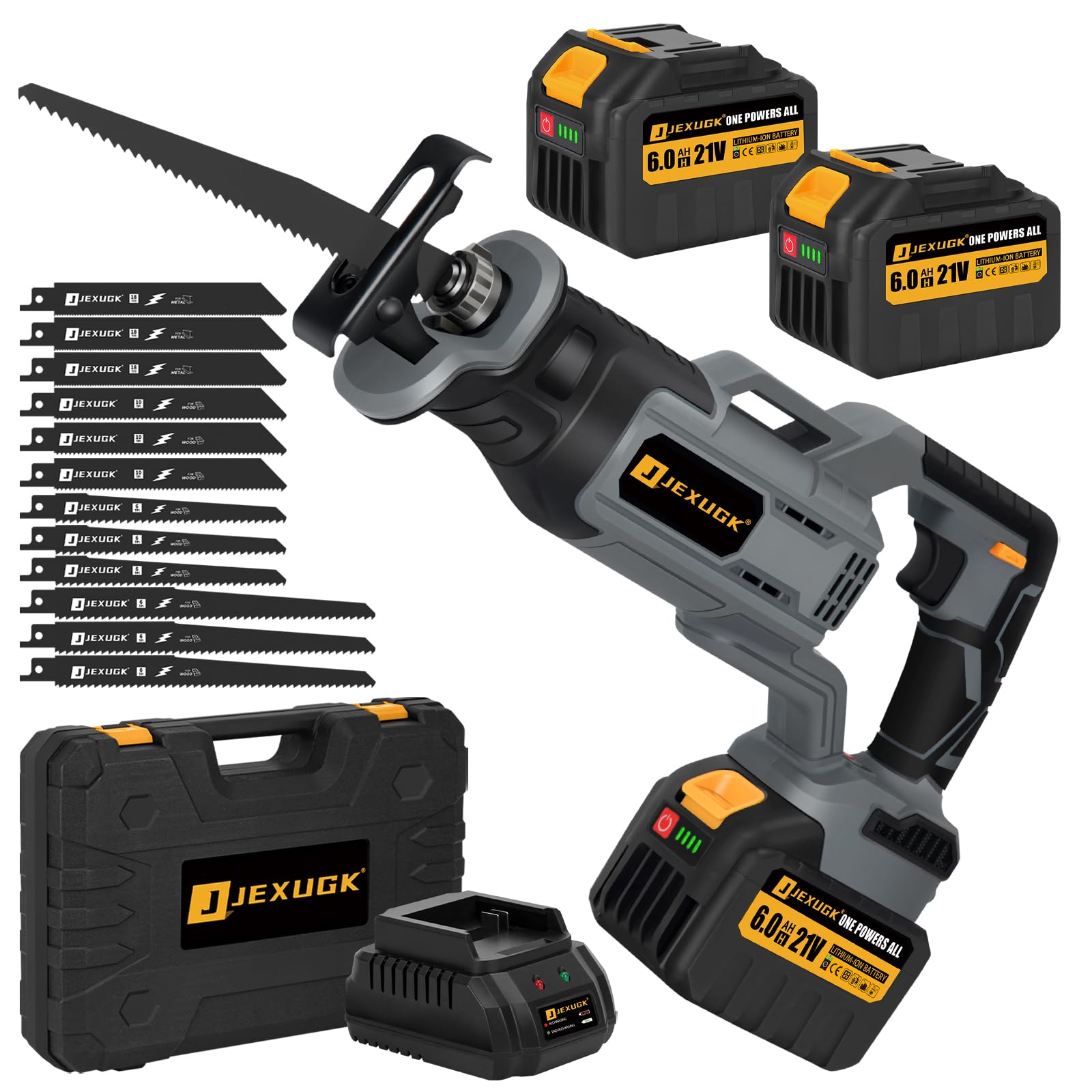 JEXUGK Brushless Reciprocating Saw, 21V Cordless saw saw with 2 x 6.0Ah ...