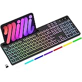 Soueto Wireless Keyboard with 7-Color RGB Backlit, Full-Size Computer Keyboard with Phone Tablet Holder, 2.4G Rechargeable Gaming Keyboard with Light Up Keys, Compatible with Mac, Windows (Black)