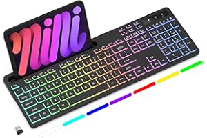 Soueto Wireless Keyboard with 7-Color RGB Backlit, Full-Size Computer Keyboard with Phone Tablet Holder, 2.4G Rechargeable Gaming Keyboard with Light Up Keys, Compatible with Mac, Windows (Black)
