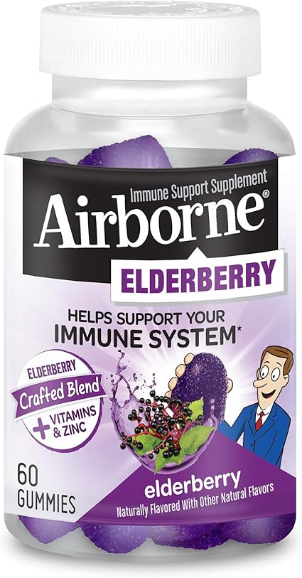 Amazon Com Airborne Elderberry Vitamins And Zinc Gummies 60 Count In A Bottle Gluten Free Immune Support Supplement With Vitamins D And E Health Personal Care