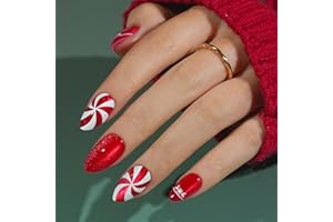 Christmas Press On Nails Almond - Jofay Fashion Red Cat Eye Press On Nails, Candy Elk Stick On Nails with Glue, Glossy Reusable Acrylic Artificia Nail Tips in 16 Sizes - 32 Soft Gel Fake Nails Kit