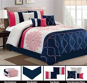 Amazon.com: Grand Linen Modern 7 Piece Bedding Melon Pink, Navy Blue, Grey Floral Embroidered Amazon.com: Grand Linen Modern 7 Piece Bedding Melon Pink, Navy Blue, Grey Floral Embroidered