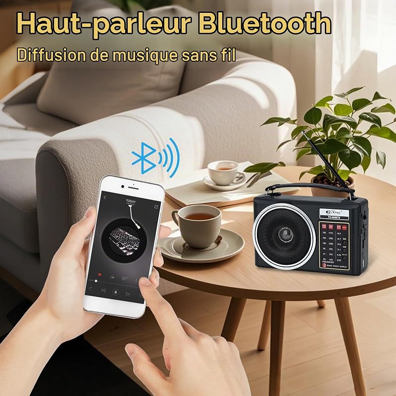 Radio rétro Portable, Radio Bluetooth AM/FM/SW compacte avec Panneau Solaire, éclairage LED Portable, Batterie Rechargeable, Support pour Carte TF/USB-MP3 Player (Noir) — photo 3 sur 7