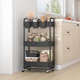 JIUYOTREE 3-Tier Plastic Rolling Storage Cart with Lockable Wheels Black view 6