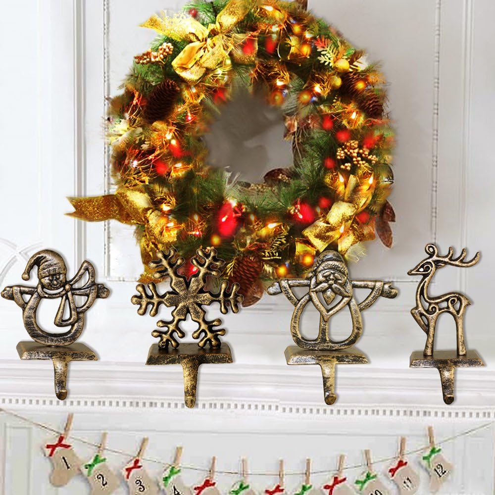 Fannybuy Christmas Stocking Holder Hangers Metal for Fireplace Mantle Free Standing Christmas Decorations Indoors Deer Snowman Sata Snowflake Decorations (1 Set 4 pack)