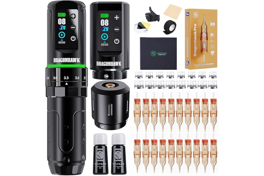 Dragonhawk L3 Tattoo Kit, Cordless/Cord Complete Tattoo Gun Kit Pen Machine, 7 Strokes Length, 2 Batteries 2,000mAh Power Supply with Extra Battery Rca Jack Part, Pro Tattoo Needles for Beginner