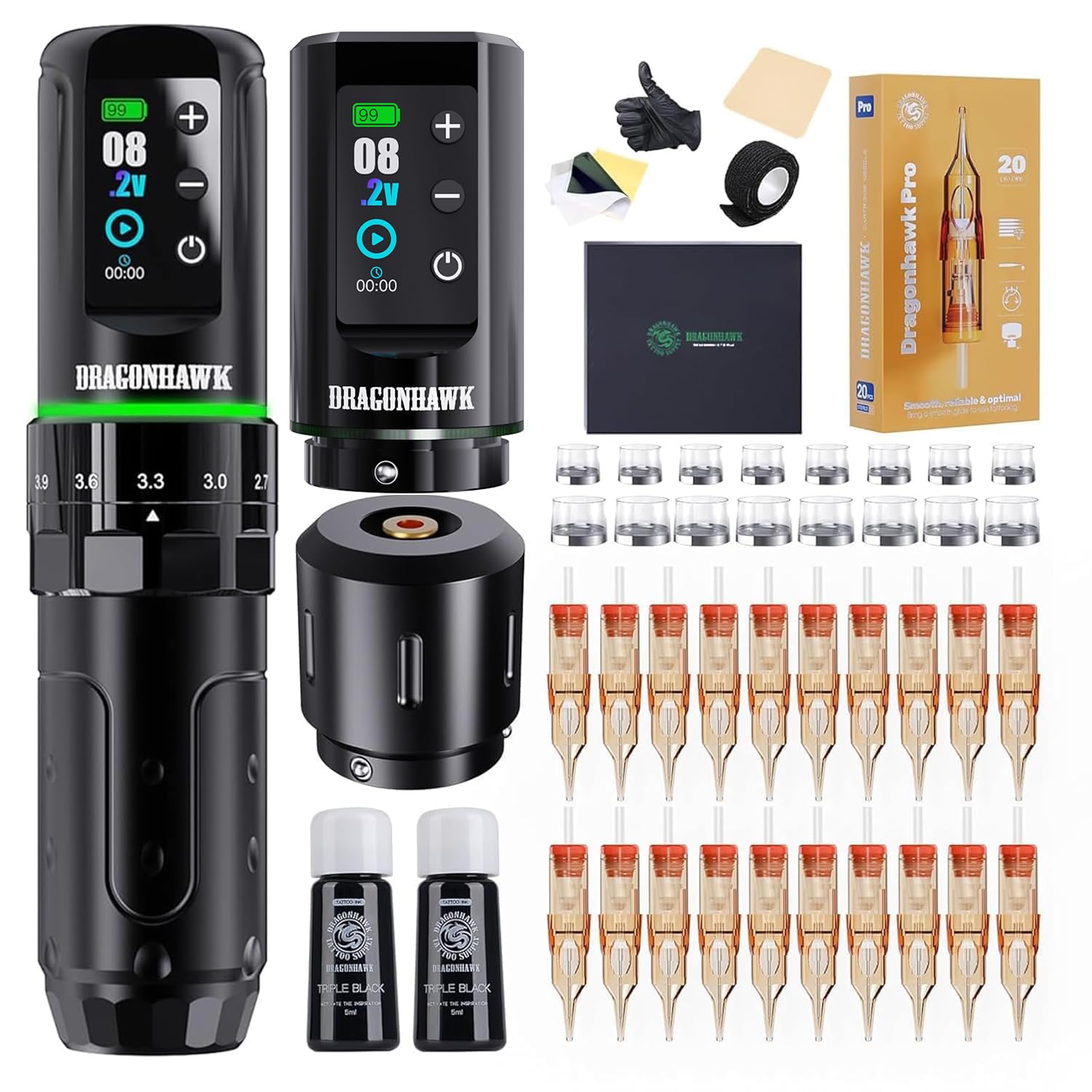 Photo 1 of Dragonhawk L3 Tattoo Kit, Cordless/Cord Complete Tattoo Gun Kit Pen Machine, 7 Strokes Length, 2 Batteries 2,000mAh Power Supply with Extra Battery Rca Jack Part, Pro Tattoo Needles for Beginner