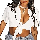 Zoyami Womens Sexy Tie Front Crop Top Short Sleeve Graphic Tee Shirt Clubwear