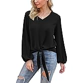 VIISHOW Womens Tie Front Knot Lartern Sleeve Loose Fit V Neck Floral Blouses Chiffon Tops Shirts
