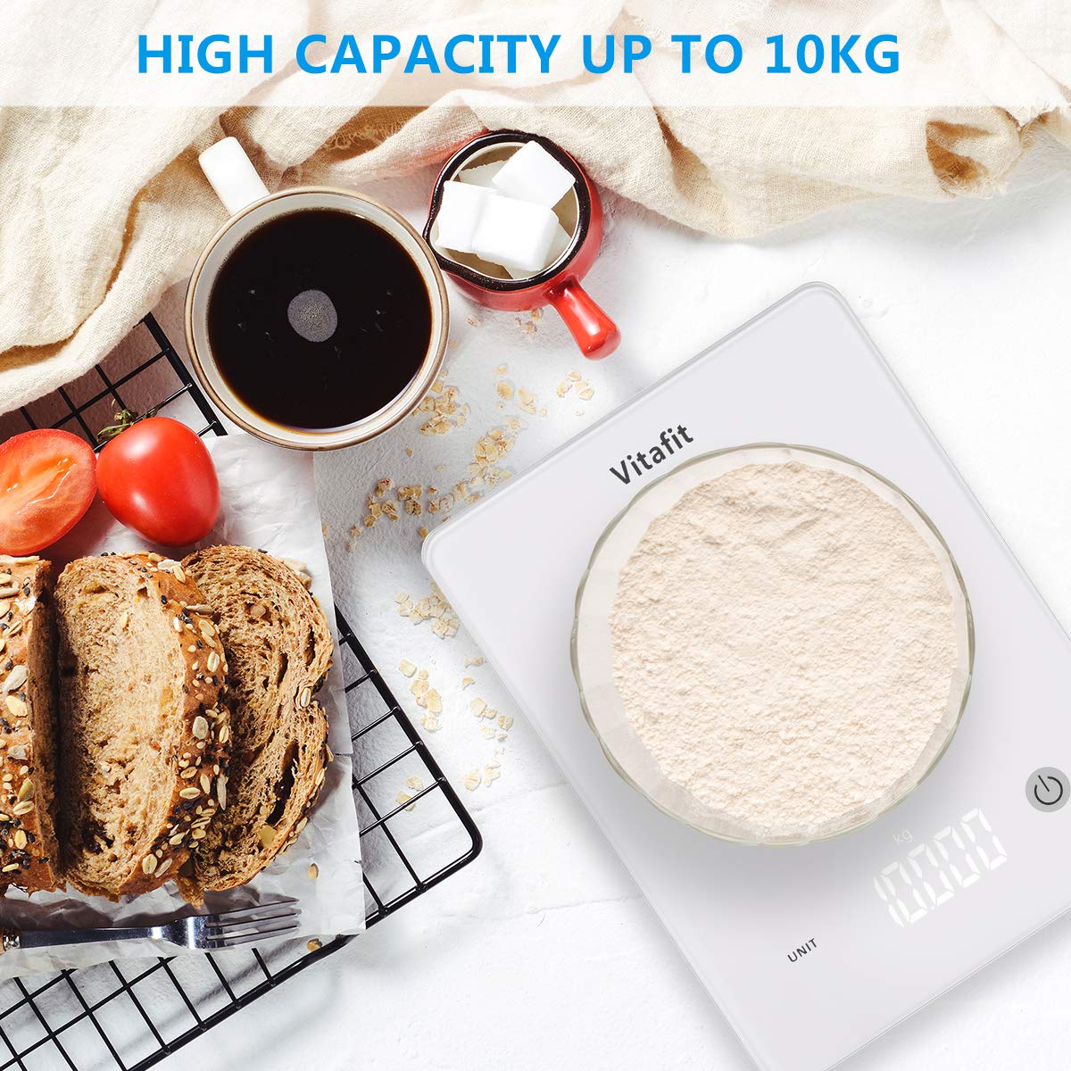Vitafit Bilance da Cucina Digitale,Grande Capacità 10 kg/Alta Precisione 1g,Bilancia Pesa Alimenti con Piattaforma in Vetro Temperato e Display a LED, Design Ultra Sottile, Bianco Elegante
