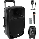 Pyle 1200W Portable Bluetooth PA Speaker - 12&rsquo;&rsquo; Subwoofer, LED Battery Indicator Lights W/Built-In Rechargeable Battery, MP3/USB/SD Card Reader, and UHF Wireless Microphone - Pyle PSBT125A,Black