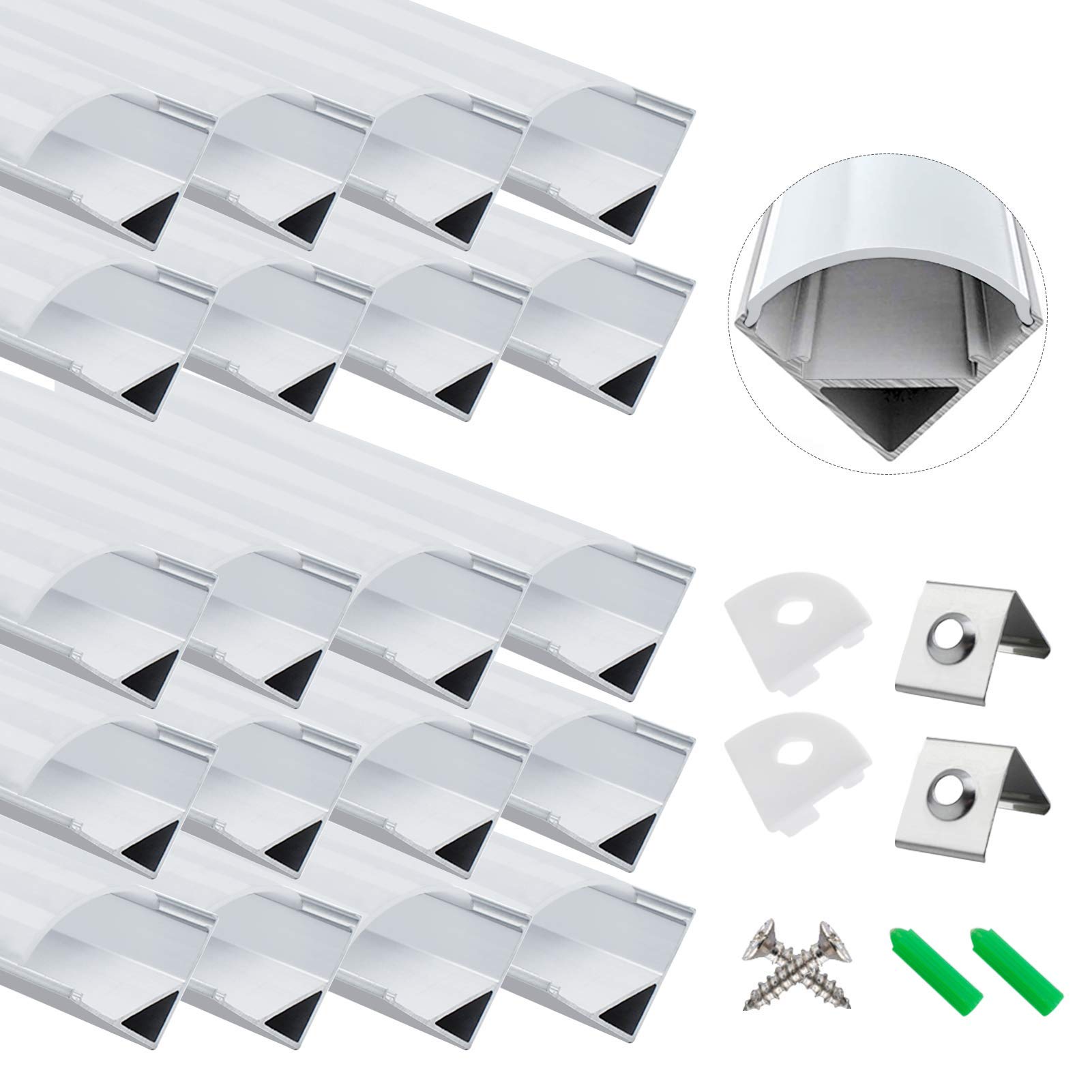 LightingWill 20-Pack LED Aluminum Profile, 3.3ft/1Meter LED Aluminum Channel Silver V-Shape LED Diffuser with Milky White Cover, End Caps and Mounting Clips for LED Strip Light