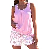 ROSEWE Modest Tankini Swimsuits for Women, Two Piece Athletic Womens Bathing Suits Blouson Tank Tops with Board Shorts