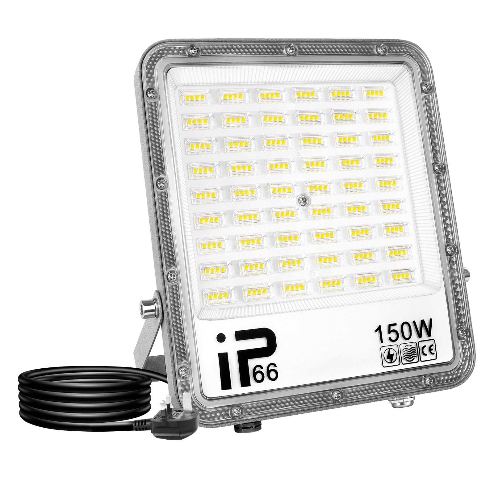 RIGIDON 1 Pcs Outdoor Flood LED Work Light, 150W 15000 LM Floodlight, Cold White Security Lights for Garage Garden Yard Lawn Workshop Court Patio, IP66 Waterproof 6000K, 1 M Wire with UK Plug