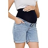OVRUNS Women Maternity Jean Shorts Over The Belly Stretchy Comfy Rolled Cuff Pregnancy Denim Shorts with Pockets