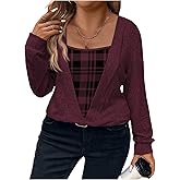 Floerns Women's Plus Size Plaid Blouse Wrap Square Neck Long Sleeve Business Casual Tops
