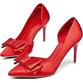 Womens Bow Heels Closed Pointed Toe Dress Shoes Stiletto Slip on Wedding Pumps