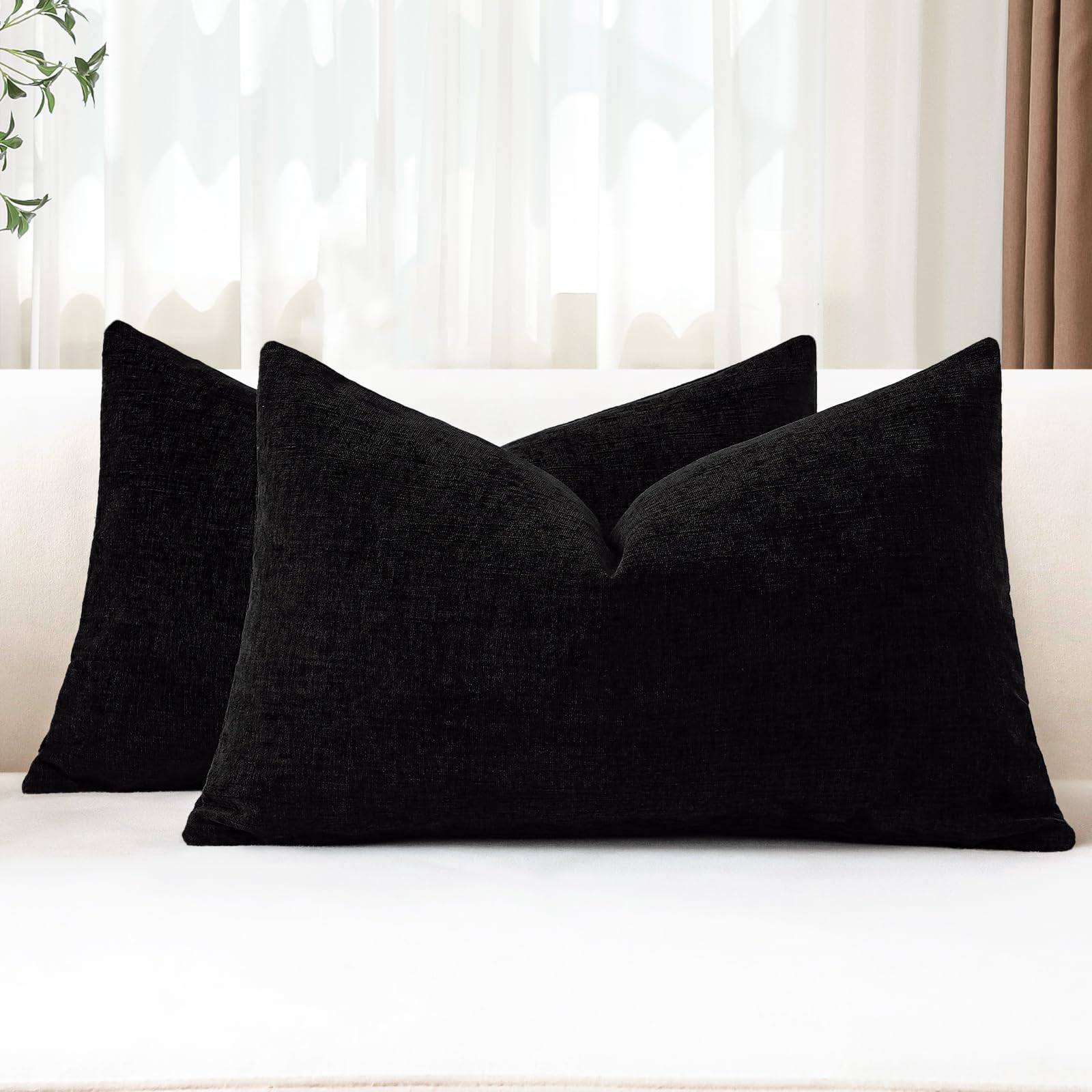 JOTOM Set of 2 Cushion Covers 30x50 cm Soft Chenille Black Decorative Throw Pillow Covers 12x20 Inch Lumbar Cushion Case Solid Pillowcases for Couch Sofa Living Room Bed Home Decor (Black)
