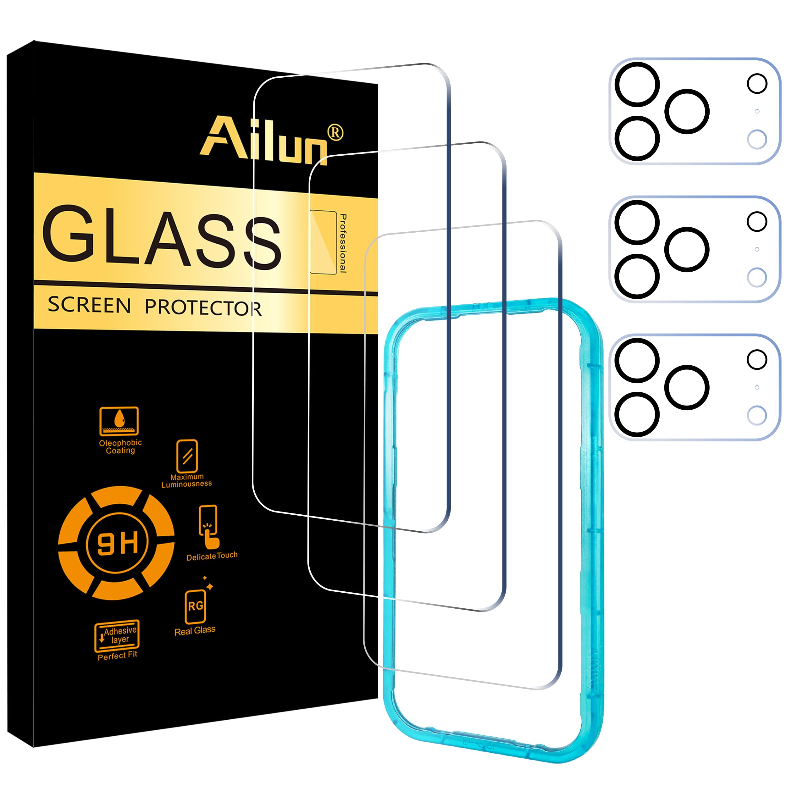 Photo 1 of Ailun 3 Pack Screen Protector for iPhone 17 Pro [6.3 inch] + 3 Pack Camera Lens Protector with Installation Frame,Sensor Protection,Dynamic Island Compatible,Case Friendly Tempered Glass Film