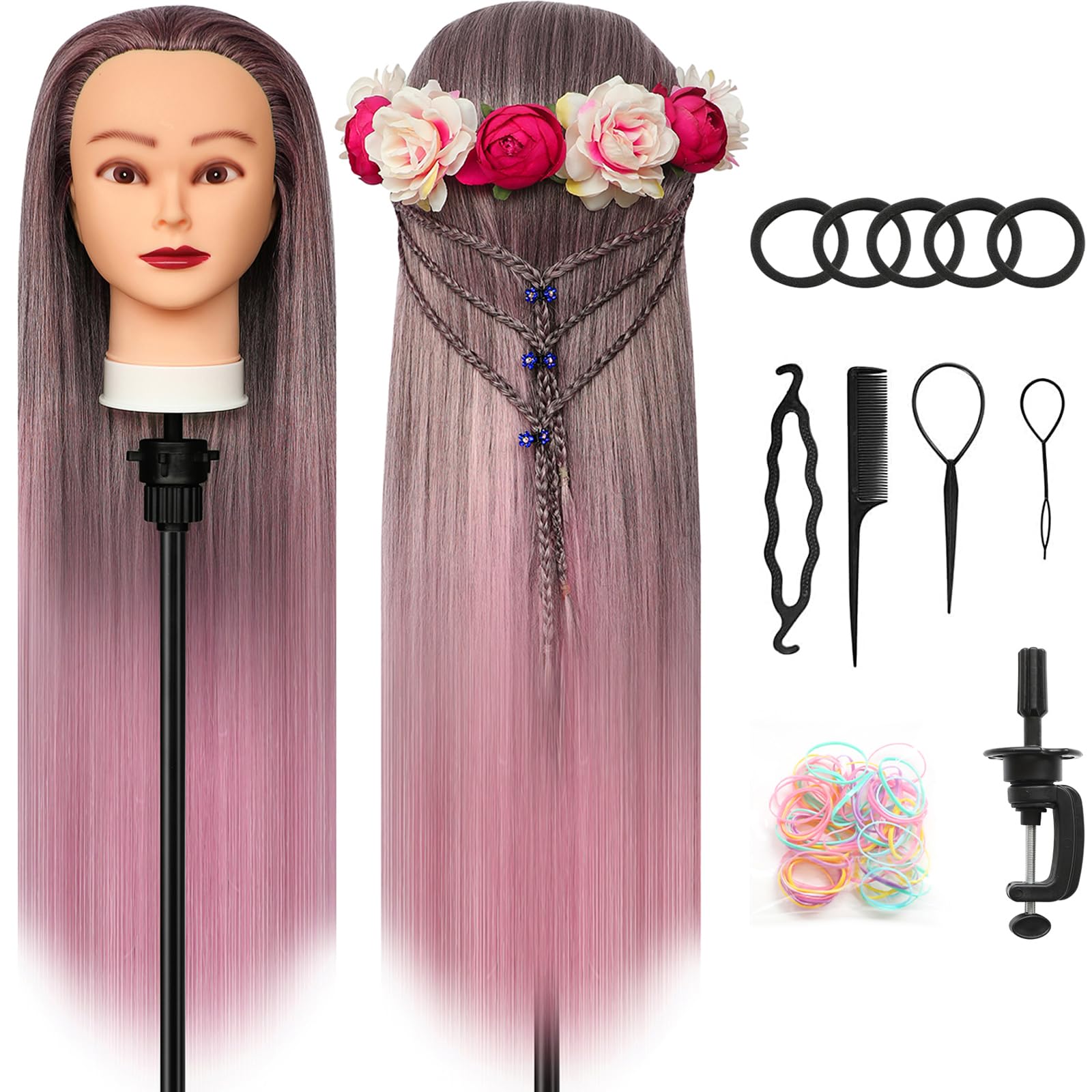 Styling Head 28 inch Training Head 100% Synthetic Fibres Hairdressing Head Hairdresser Training Heads with Free Clamp and DIY Braiding Set (Gradient powder)