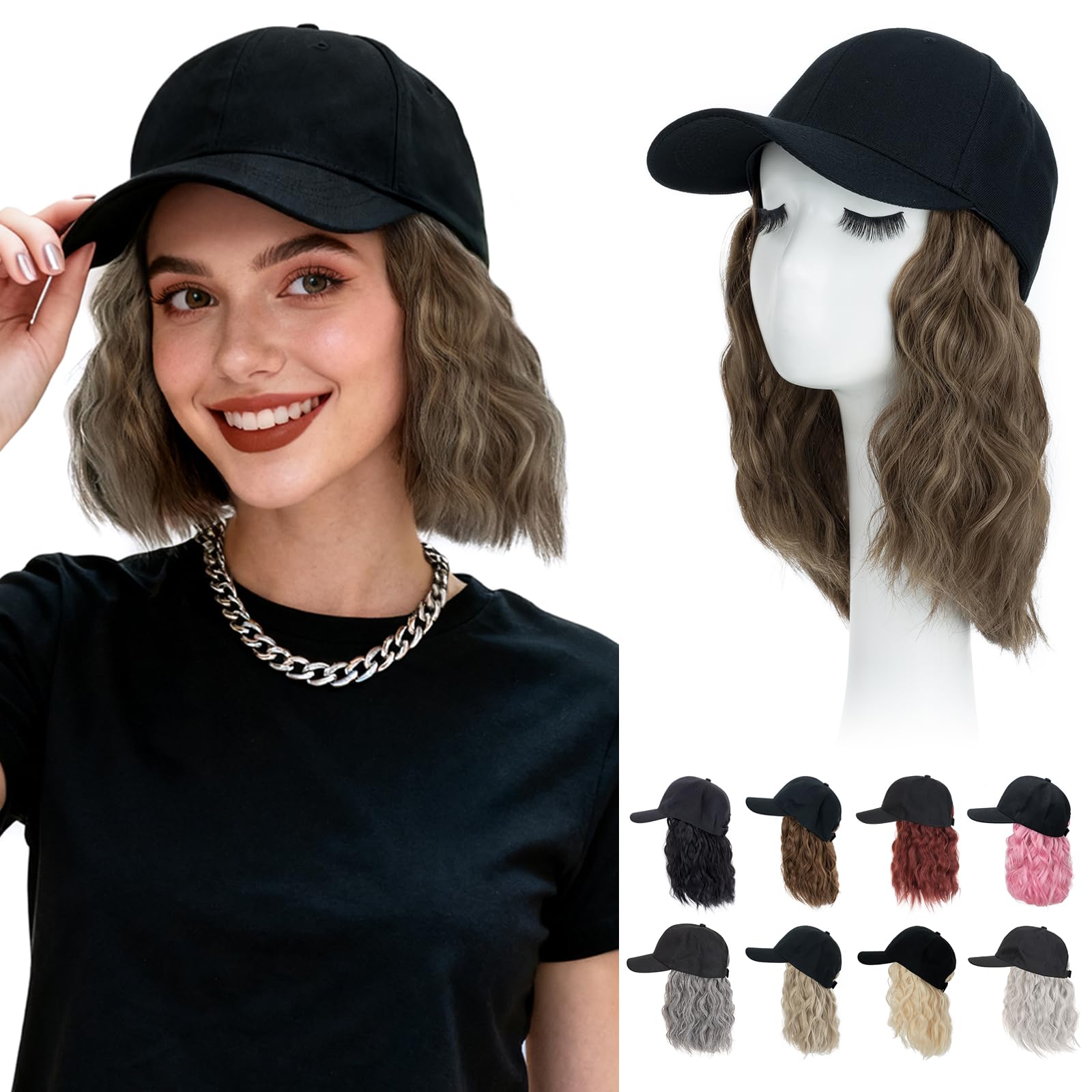Photo 1 of Hairro Cap with Hair Attached For Women Wig Hat Short Bob Synthetic Wavy Highlight Balayage Ball Cap Wiggy Hair Extensions 8" 180g #10P22T