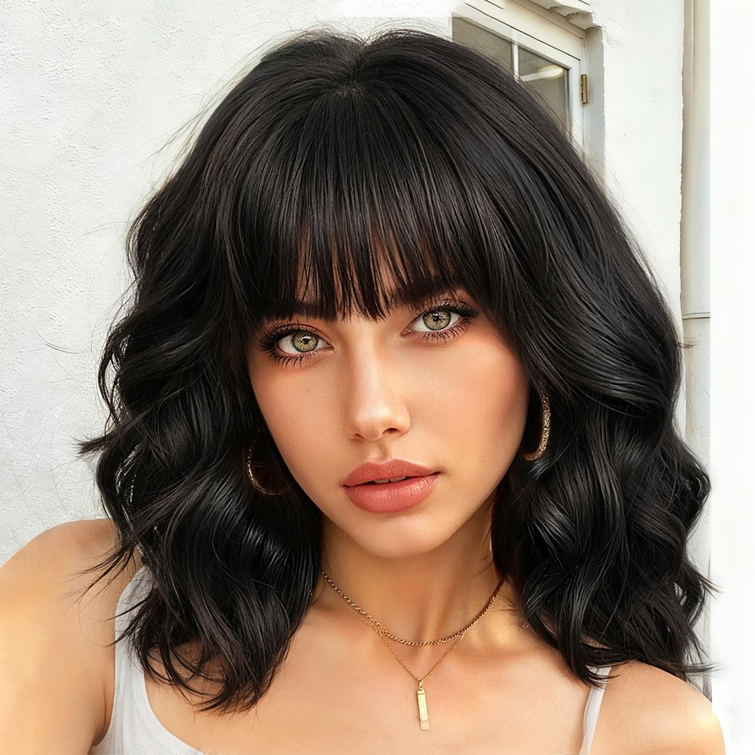 ColorfulPanda 14" Black Wavy Curly Bob Wigs for Women Ladies Natural Looking and Heat Resistant Synthetic Hair Short Wig with Fringe for Daily Cosplay Party