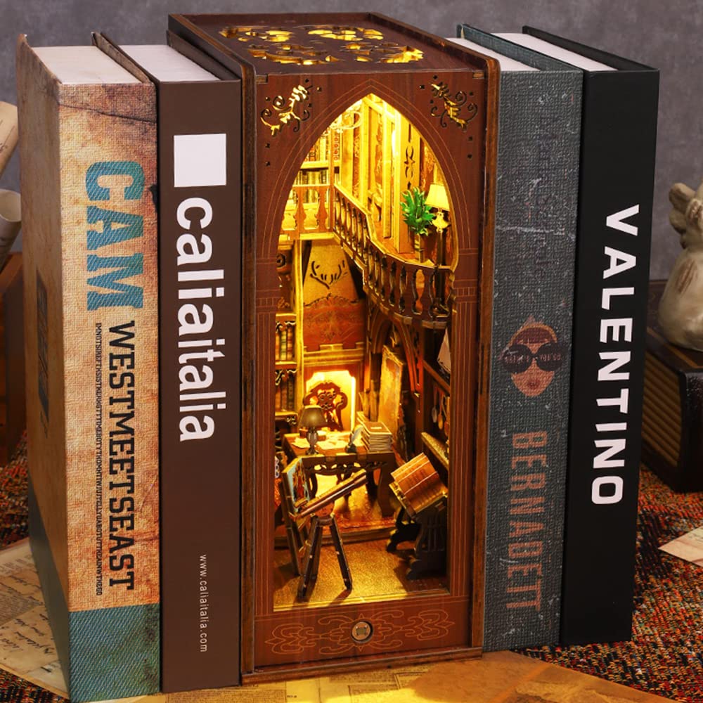 Lannso DIY Book Nook Kit, DIY Dollhouse Booknook, Library Booknook 3D Wooden Puzzle Bookends, Book Nook Miniature Kits with LED Light for Adults(SL6-A)