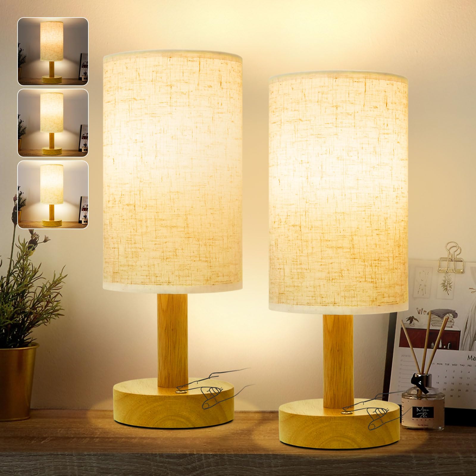 Photo 1 of Small Cordless Touch Bedside Table Lamps Set of 2,Minimalist Dimmable Battery-Powered Desk Lamps with Round Fabric Linen Shade,Mini Nightstand Warm Night Lights for Bedroom,Home,Living Room,Office