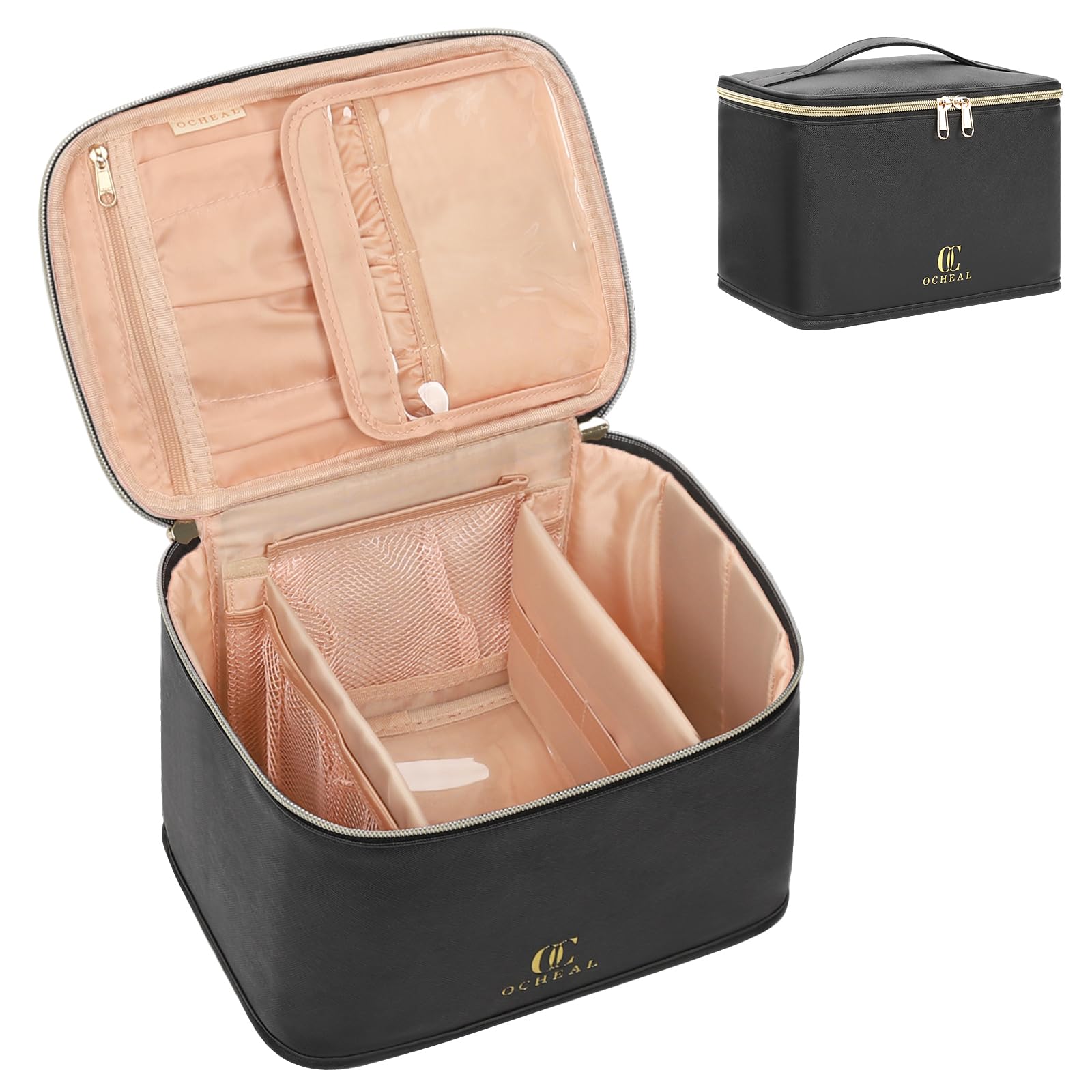 Photo 1 of OCHEAL Travel Makeup Bag, Cosmetic Bags for Women Makeup Case Organizer Large Capacity Travel Toiletry Bag Storage Bags with Divider and Handle for Cosmetics Toiletries Brushes Tools-Large, Black