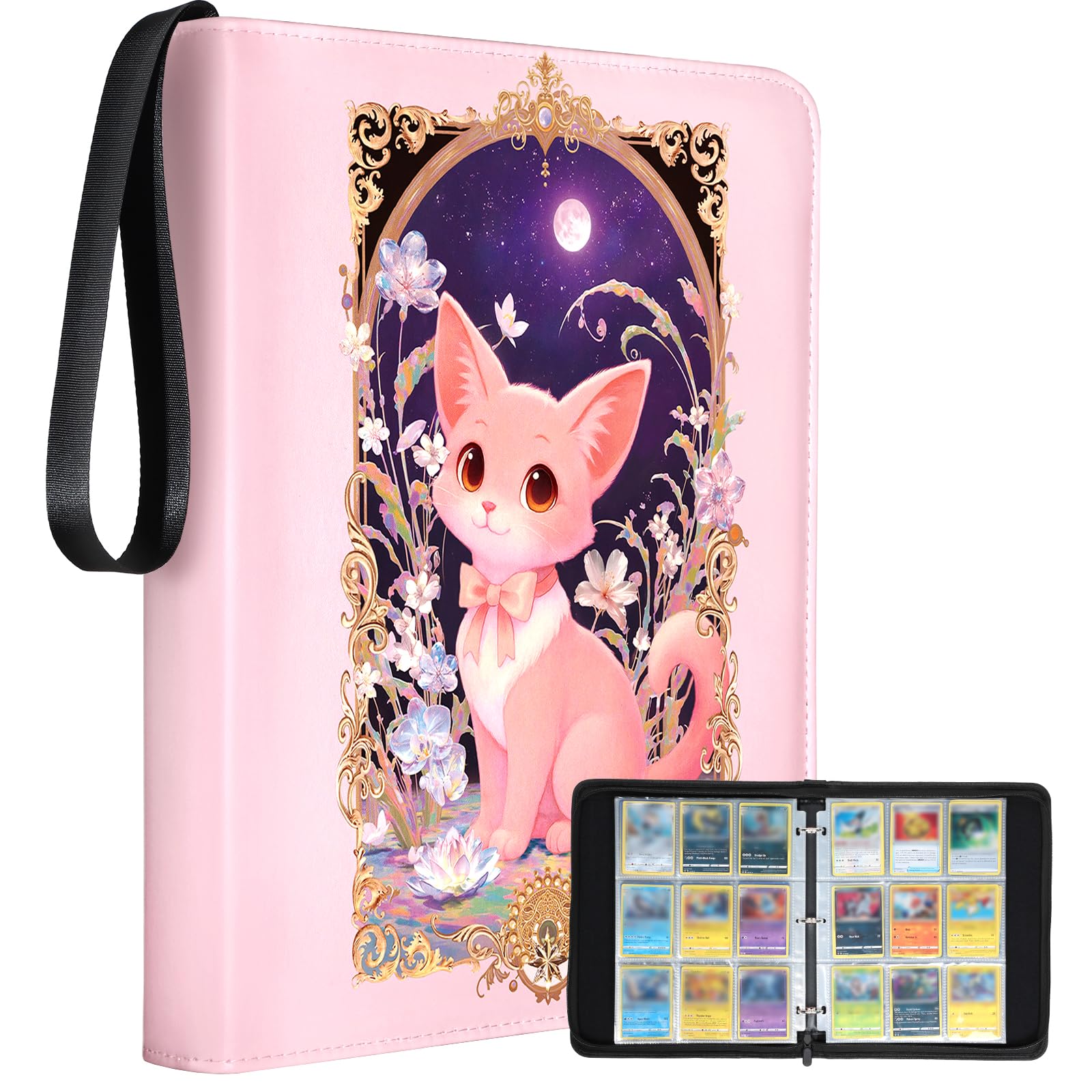 Photo 1 of Lotadilo for 9 Pocket Card Binder Large Capacity for 900 Cards - Trading Card Collection Album Folder Double Sided Pocket with Zipper PK Fox Design for Girls Girly Teens for Sports Cards Game Cards