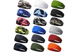 Wavyknot 18 Pcs Sports Sweatbands for Men Women Camo Headbands Workout Non Slip Headbands Breathable Head Band Fitness Stretchy Unisex Hairband for Yoga Running Cycling Ball