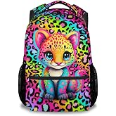 NICEFORNICE School Backpack for Girls - 17 Inch Kids Cheetah Backpacks Ages 6-8 - Cute Rainbow Leopard Print School Bag for Kindergarten