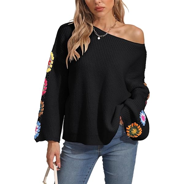 UMEKO Women's Off-The-Shoulder Oversized Sweater - Knit Long Sleeve Tunic Top, Black, X-Large - View #7