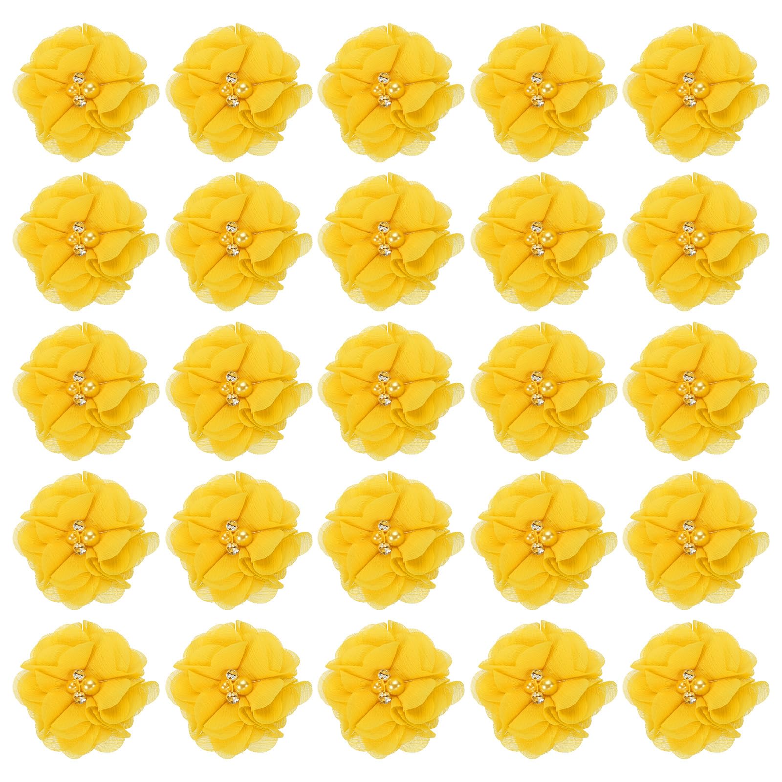 PATIKIL 2" Chiffon Flowers, 30Pcs Fabric Flowers Sewing Appliques Embellishments with Rhinestone Pearl for DIY Crafts Wedding Headbands Party Decoration, Yellow