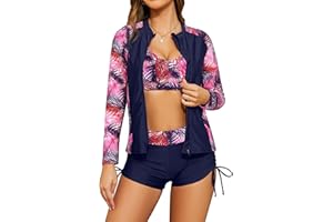 SHEKINI Women's 3 Piece Rash Guard Long Sleeve Bathing Suits with Drawstring Short